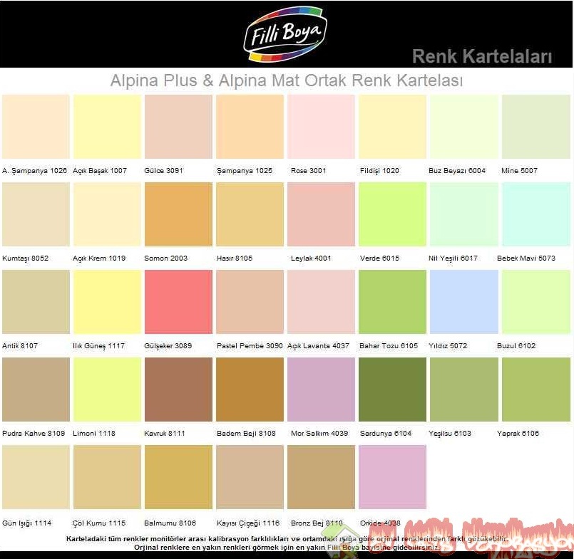 Filli boya renk kartelası ve isimleri